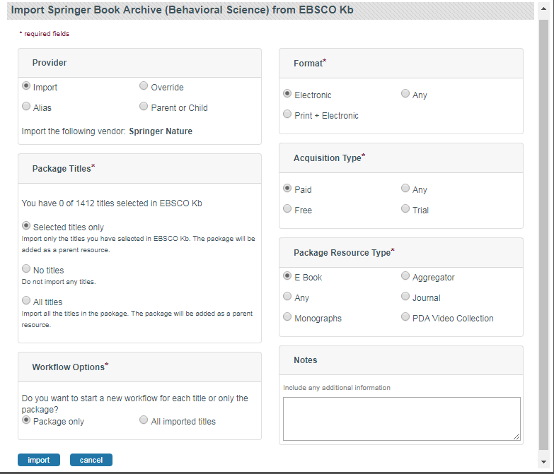 Screenshot of package import for EBSCO KB