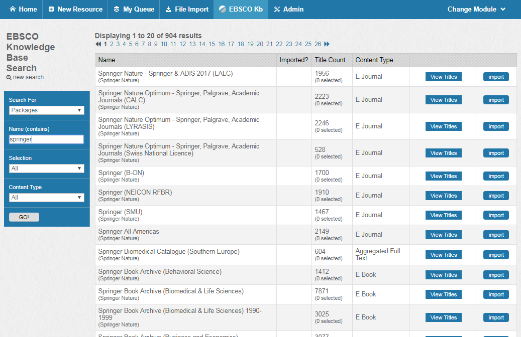 Screenshot of package search in EBSCO KB