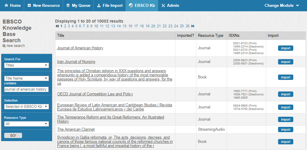 Screenshot of title search in EBSCO KB