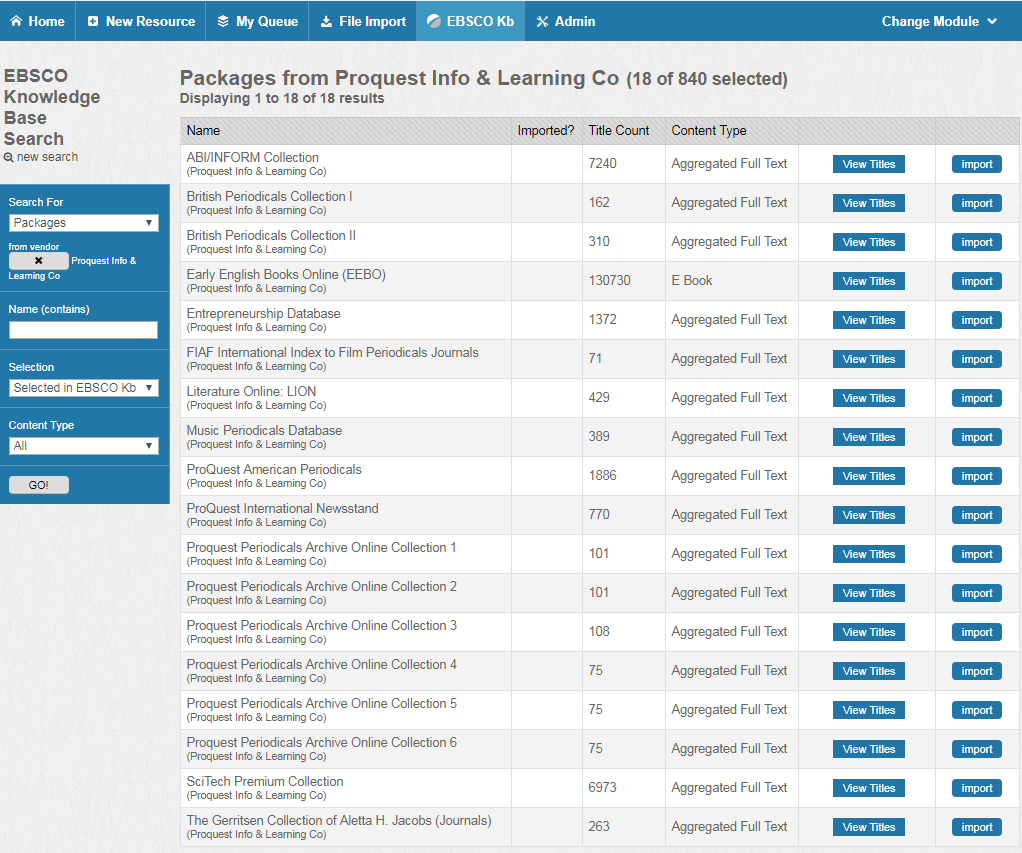Screenshot of vendor search results in EBSCO KB
