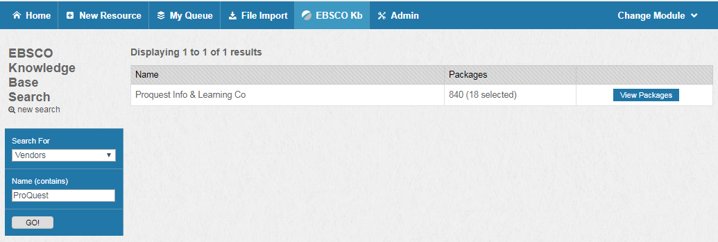 Screenshot of vendor search in EBSCO KB