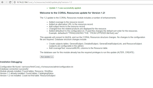 Screenshot of CORAL Resources update for Version 1.2