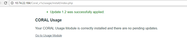 Screenshot of CORAL Usage module showing successful update