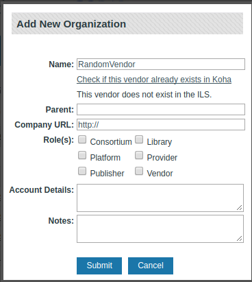 Vendor does not exist in koha