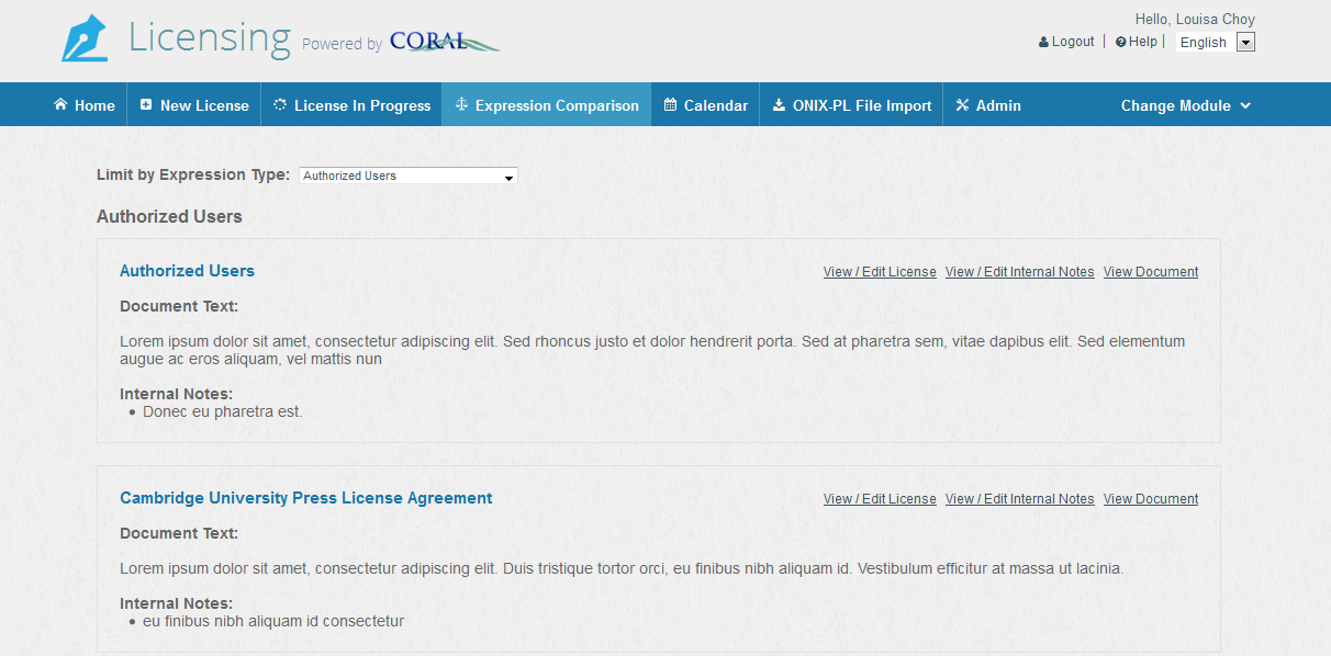 screenshot of expression comparison section
