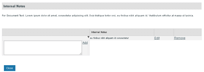 screenshot of internal notes window