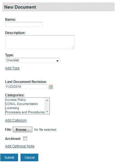 Screenshot of Management's New Document form