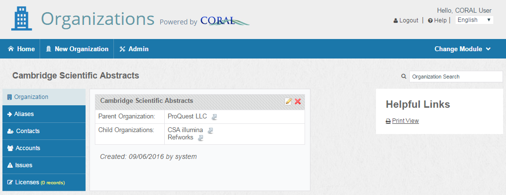 Screenshot of Organizations record
