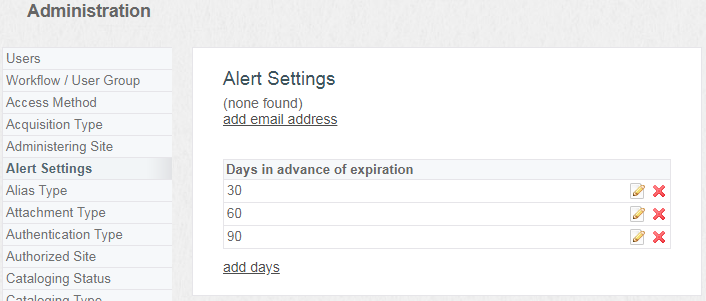 Screenshot of Admin Alert Settings