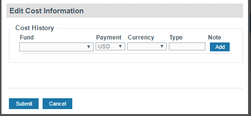 Screenshot of Edit Cost History