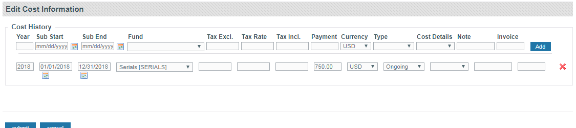 Screenshot of Enhanced Cost History View