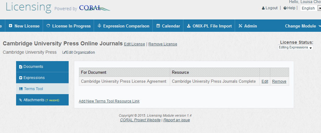 screenshot of table of terms tool resource links
