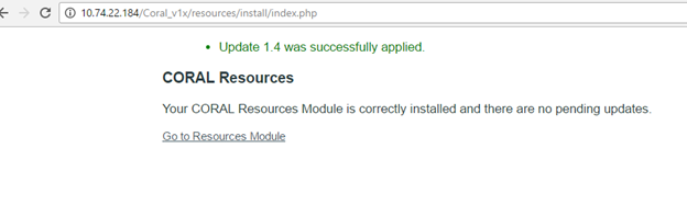 Screenshot of CORAL Resources showing successful update up to Version 1.4.1