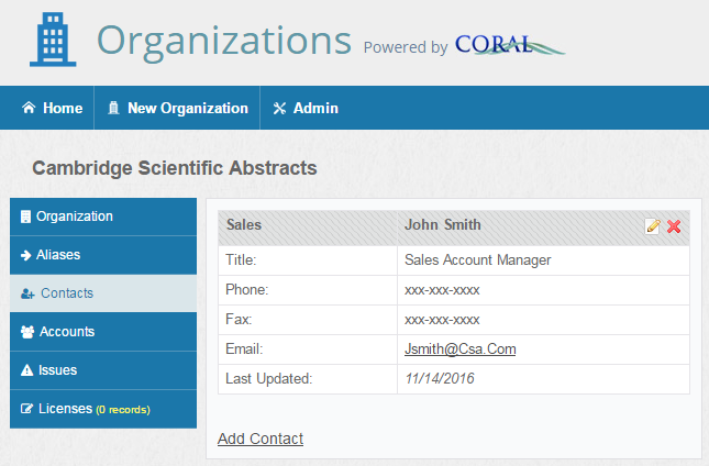 Screenshot of Contact view
