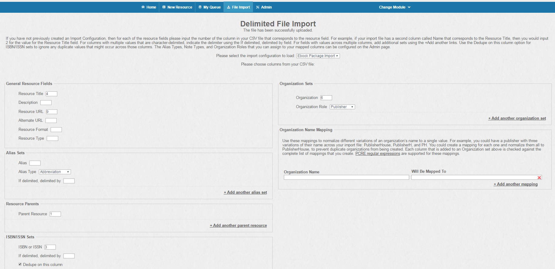 Screenshot of File Import